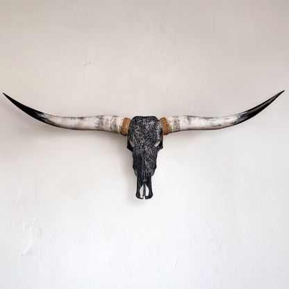 Hand Carved Longhorn Skull - Black Mandala