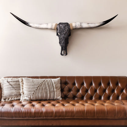 Hand Carved Longhorn Skull - Black Mandala