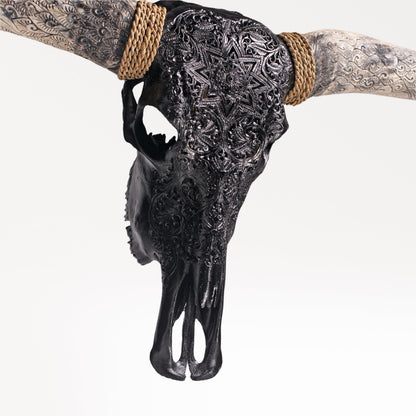 Hand Carved Longhorn Skull - Black Mandala