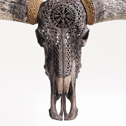 Hand Carved Longhorn Skull - Gray Vegvísir