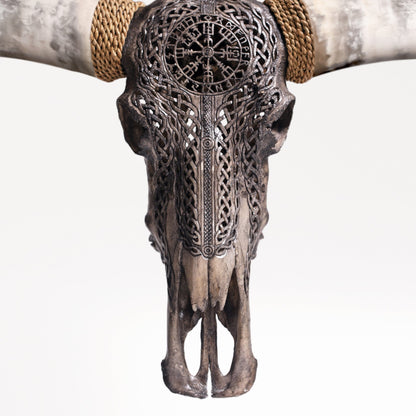 Hand Carved Longhorn Skull - Gray Vegvísir