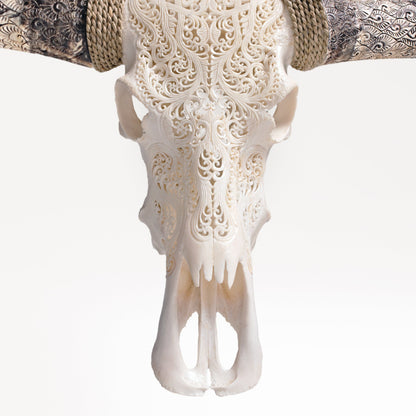 Hand Carved Longhorn Skull - White Titan
