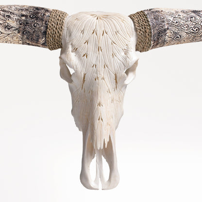 Hand Carved Longhorn Skull - White Feathers