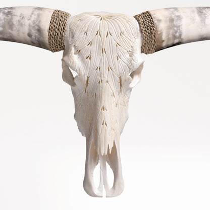 Hand Carved Longhorn Skull - White Feathers
