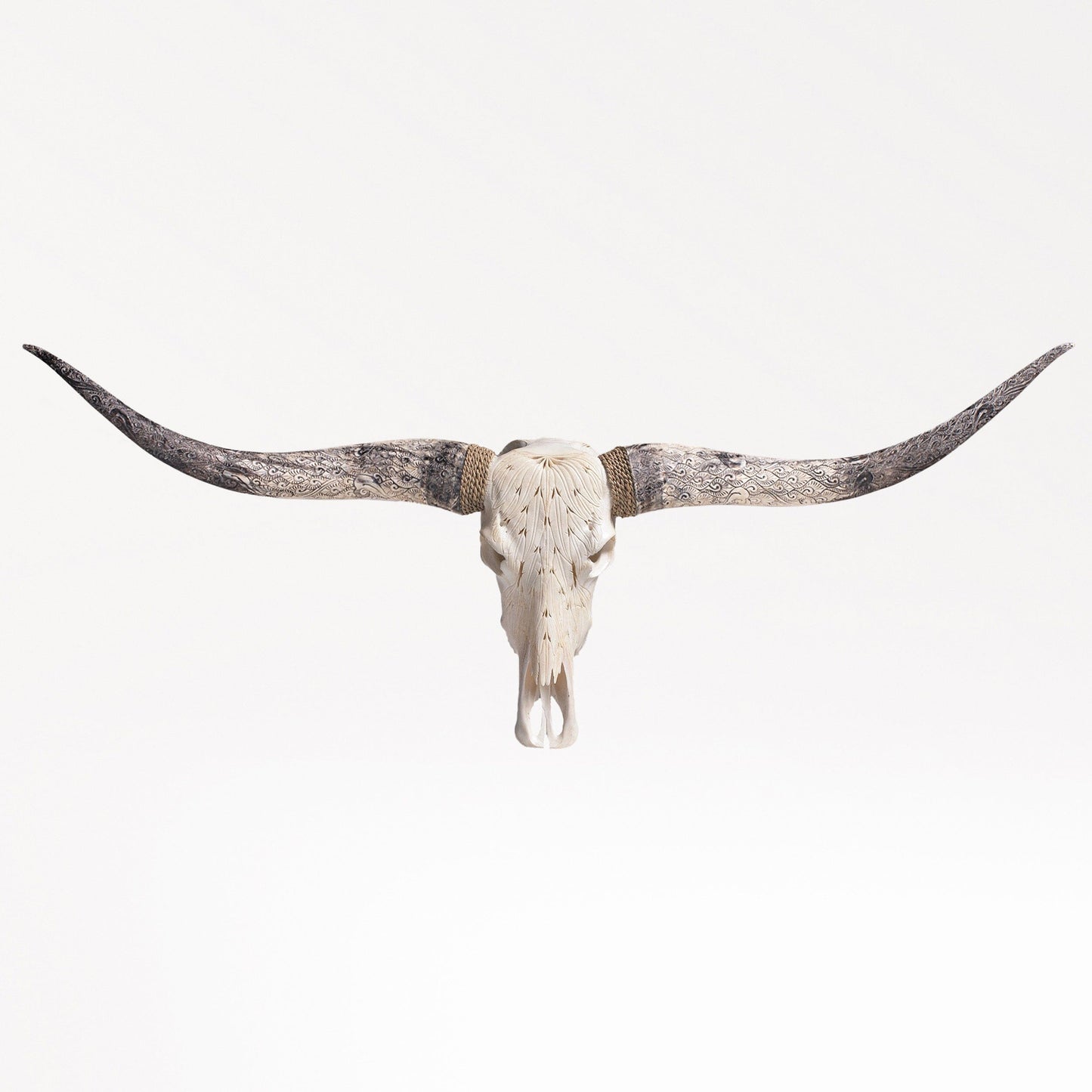 Hand Carved Longhorn Skull - White Feathers
