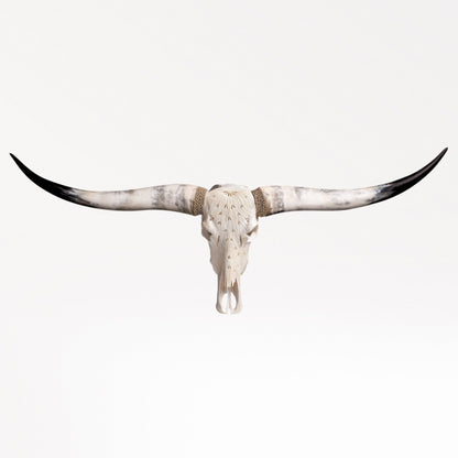 Hand Carved Longhorn Skull - White Feathers