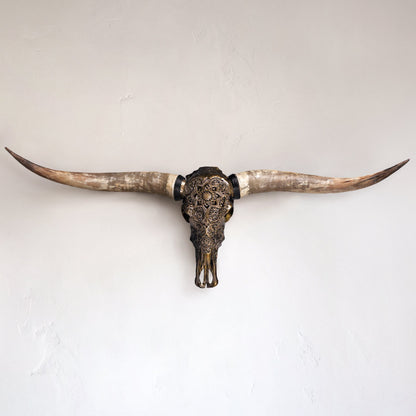 Hand Carved Longhorn Skull - Antique Bronze Mandala // Metallic Finish