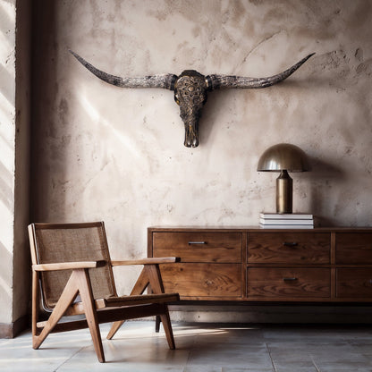 Hand Carved Longhorn Skull - Antique Bronze Mandala // Metallic Finish