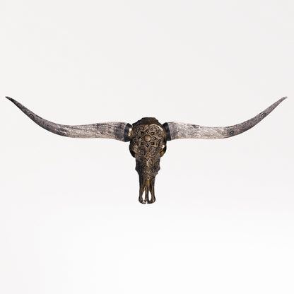 Hand Carved Longhorn Skull - Antique Bronze Mandala // Metallic Finish