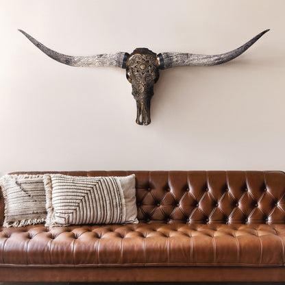 Hand Carved Longhorn Skull - Antique Bronze Mandala // Metallic Finish