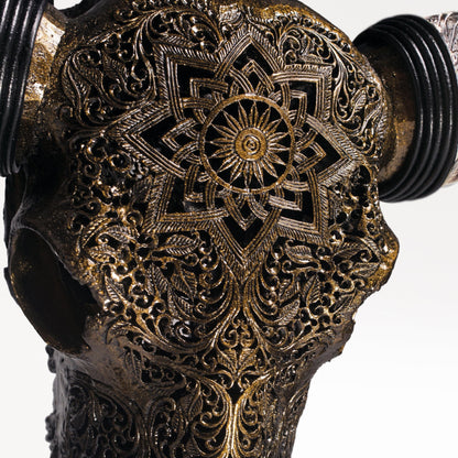 Hand Carved Longhorn Skull - Antique Bronze Mandala // Metallic Finish
