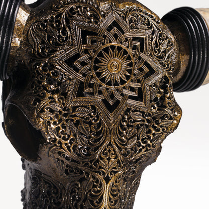 Hand Carved Longhorn Skull - Antique Bronze Mandala // Metallic Finish