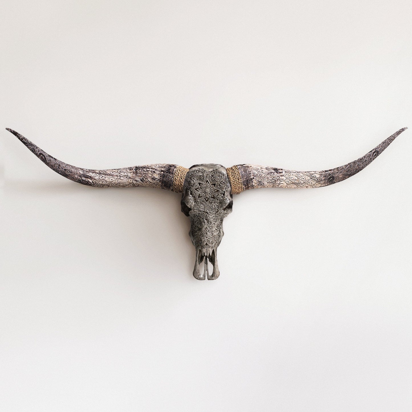 Hand Carved Longhorn Skull - Gray Mandala
