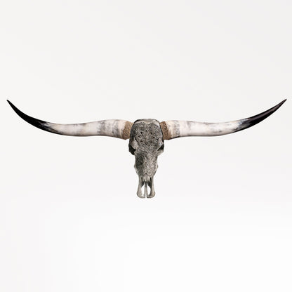 Hand Carved Longhorn Skull - Gray Mandala