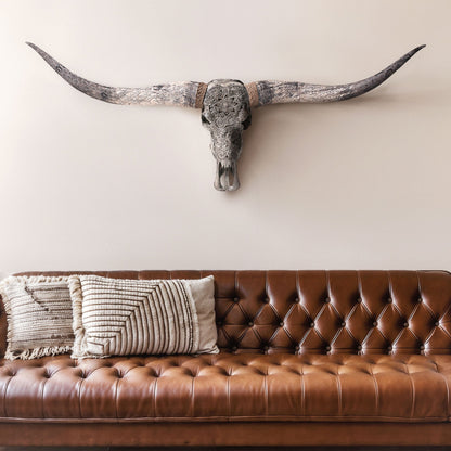 Hand Carved Longhorn Skull - Gray Mandala