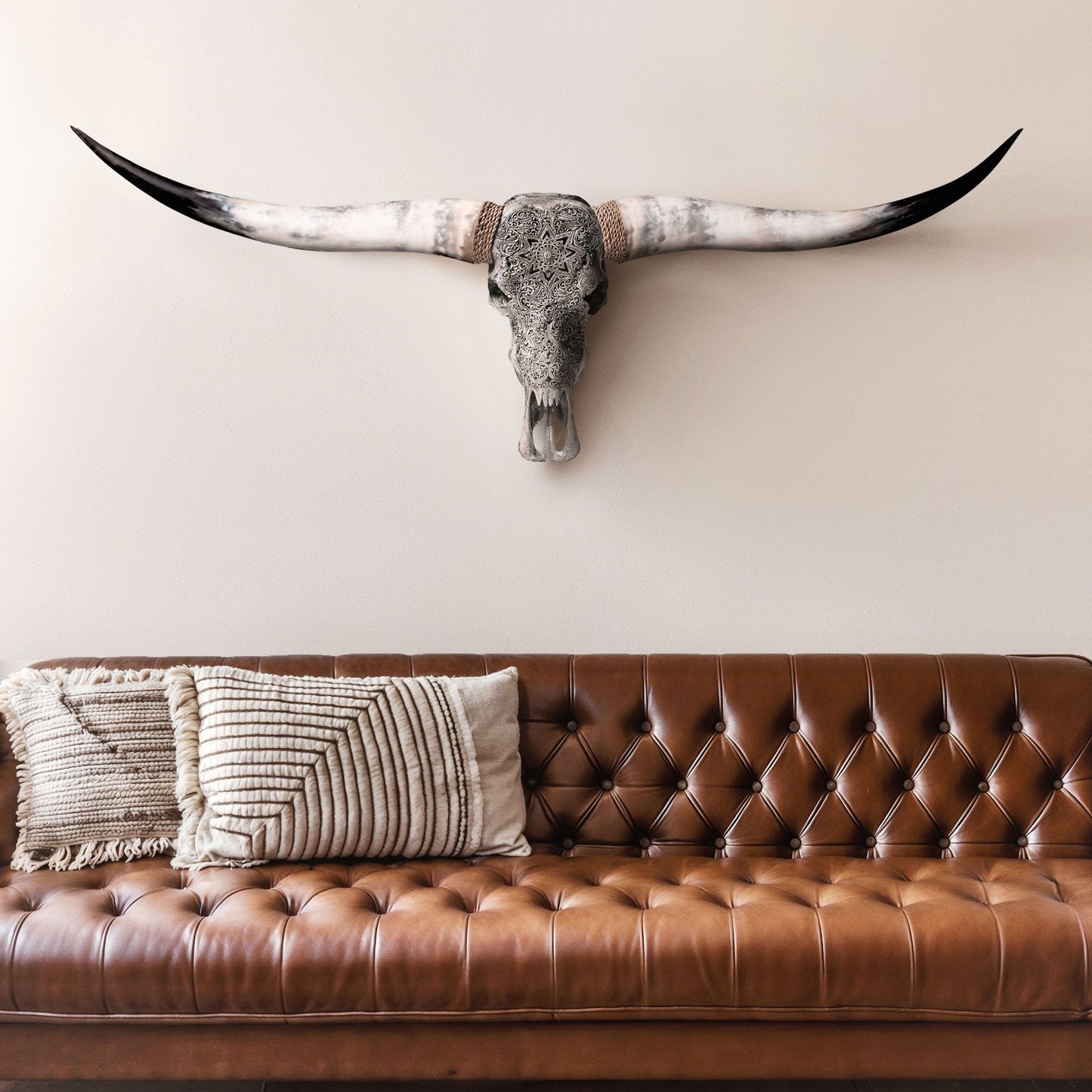 Hand Carved Longhorn Skull - Gray Mandala