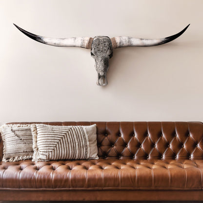 Hand Carved Longhorn Skull - Gray Mandala