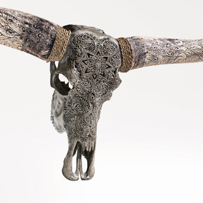 Hand Carved Longhorn Skull - Gray Mandala