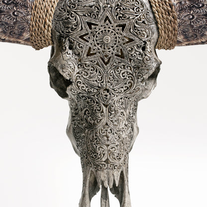 Hand Carved Longhorn Skull - Gray Mandala