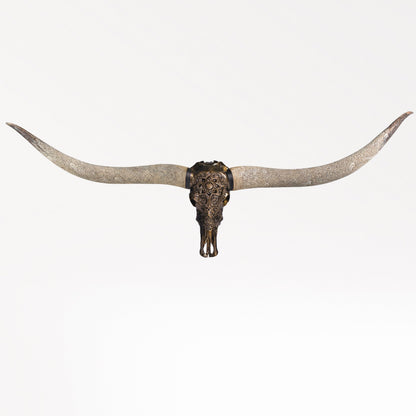 Hand Carved Longhorn Skull // XL Horns - Antique Bronze Mandala // Metallic Finish