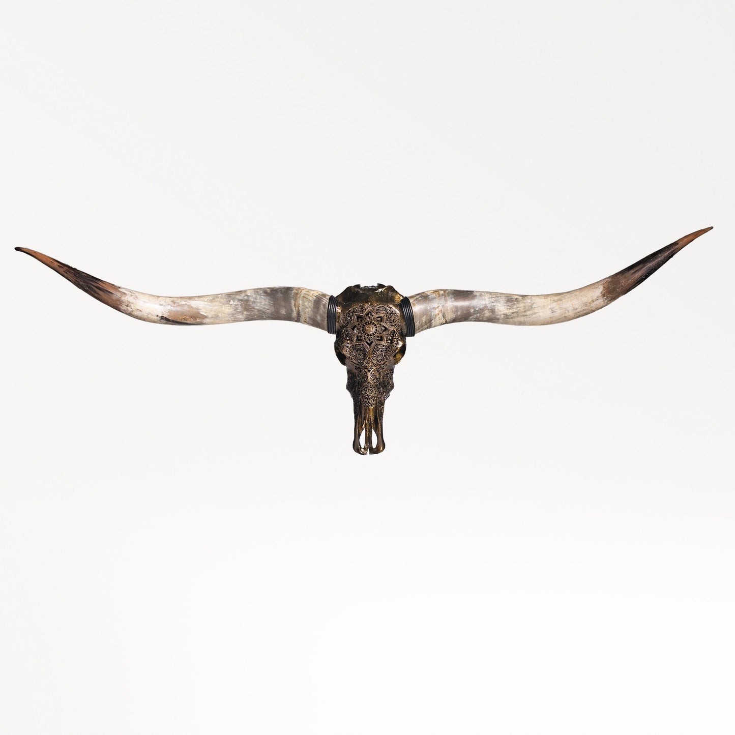 Hand Carved Longhorn Skull // XL Horns - Antique Bronze Mandala // Metallic Finish