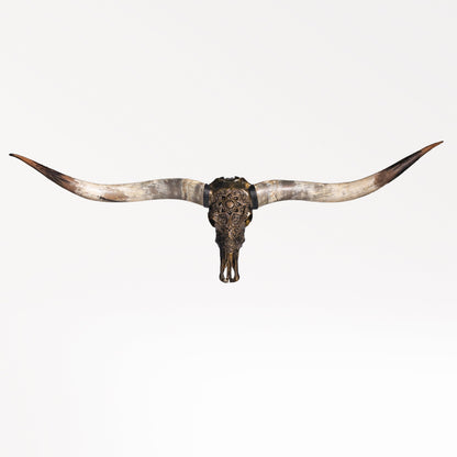 Hand Carved Longhorn Skull // XL Horns - Antique Bronze Mandala // Metallic Finish
