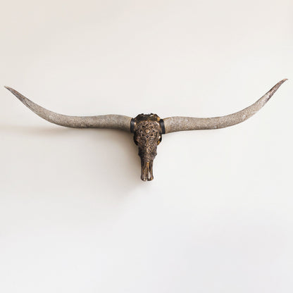 Hand Carved Longhorn Skull // XL Horns - Antique Bronze Mandala // Metallic Finish