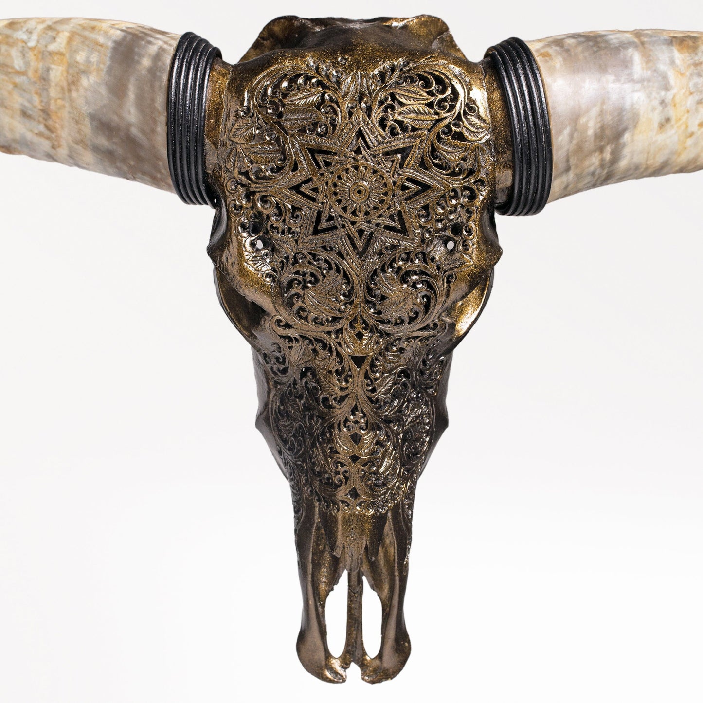 Hand Carved Longhorn Skull // XL Horns - Antique Bronze Mandala // Metallic Finish