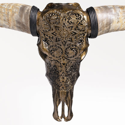 Hand Carved Longhorn Skull // XL Horns - Antique Bronze Mandala // Metallic Finish