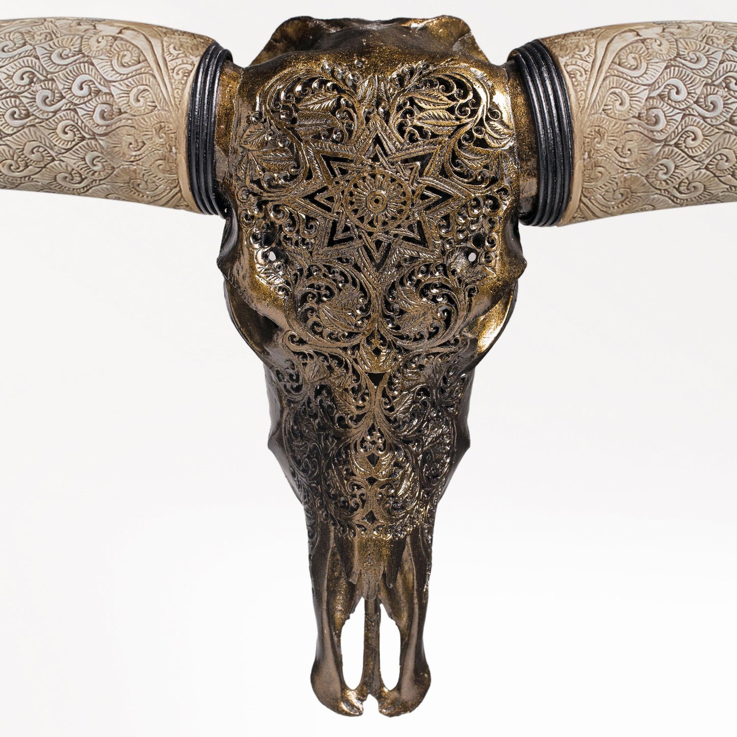 Hand Carved Longhorn Skull // XL Horns - Antique Bronze Mandala // Metallic Finish