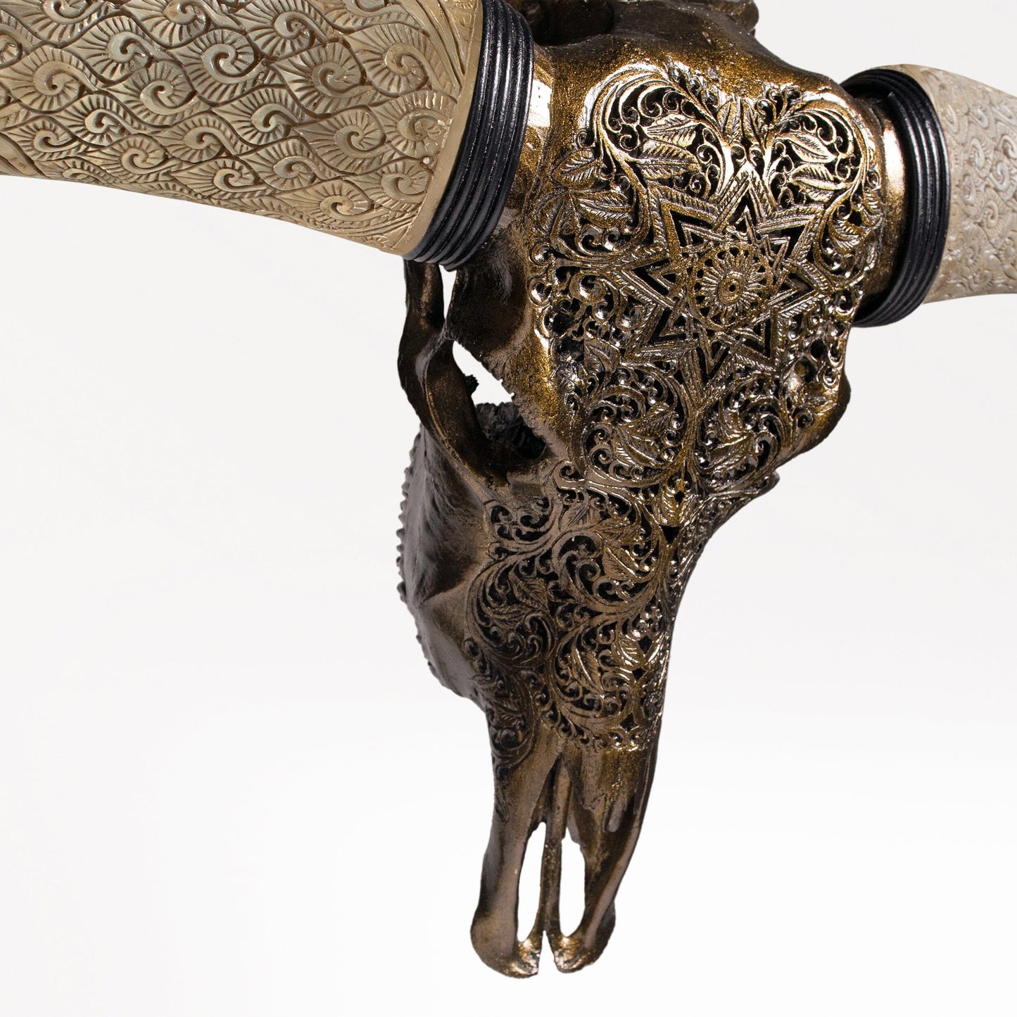 Hand Carved Longhorn Skull // XL Horns - Antique Bronze Mandala // Metallic Finish