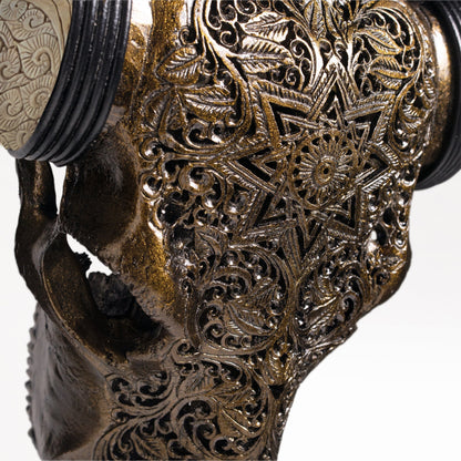 Hand Carved Longhorn Skull // XL Horns - Antique Bronze Mandala // Metallic Finish
