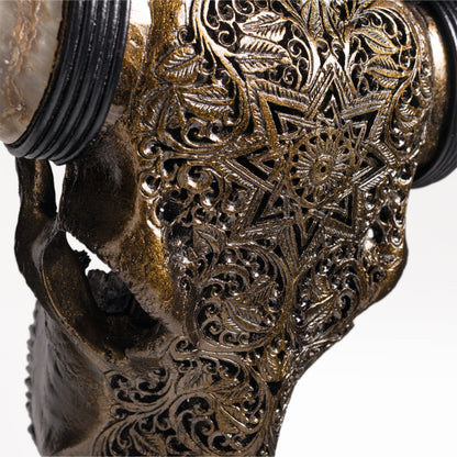 Hand Carved Longhorn Skull // XL Horns - Antique Bronze Mandala // Metallic Finish