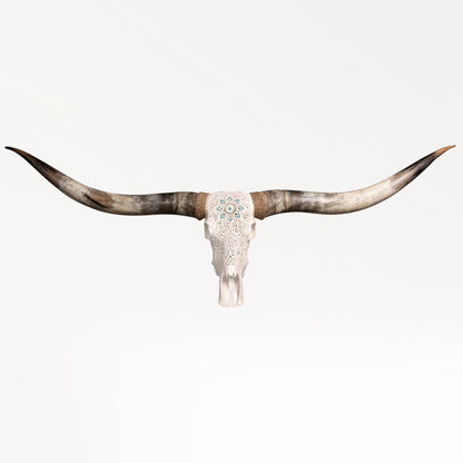 Hand Carved Longhorn Skull // XL Horns - White Glowing Mandala