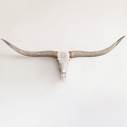 Hand Carved Longhorn Skull // XL Horns - White Glowing Mandala