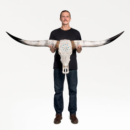 Hand Carved Longhorn Skull - White Glowing Mandala