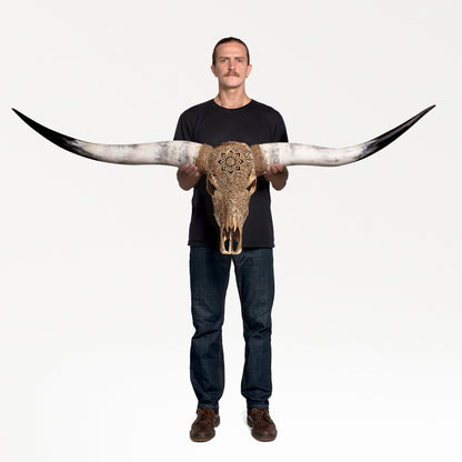 Hand Carved Longhorn Skull - Golden Mandala