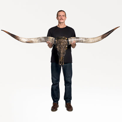 Hand Carved Longhorn Skull // XL Horns - Antique Bronze Mandala // Metallic Finish