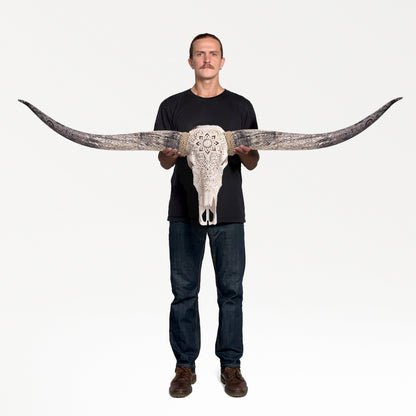 Hand Carved Longhorn Skull - White Mandala