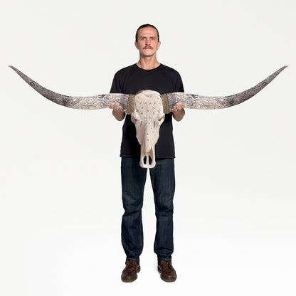 Hand Carved Longhorn Skull - White Feathers