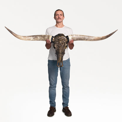 Hand Carved Longhorn Skull - Antique Bronze Mandala // Metallic Finish