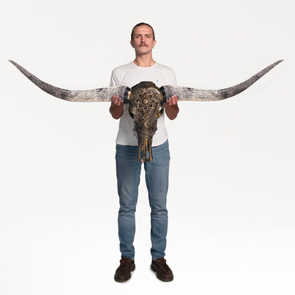 Hand Carved Longhorn Skull - Antique Bronze Mandala // Metallic Finish