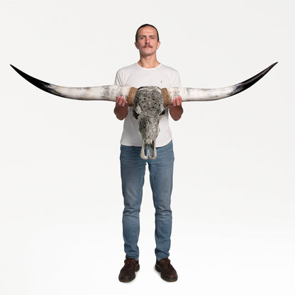 Hand Carved Longhorn Skull - Gray Mandala