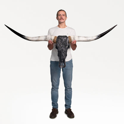 Hand Carved Longhorn Skull - Black Mandala
