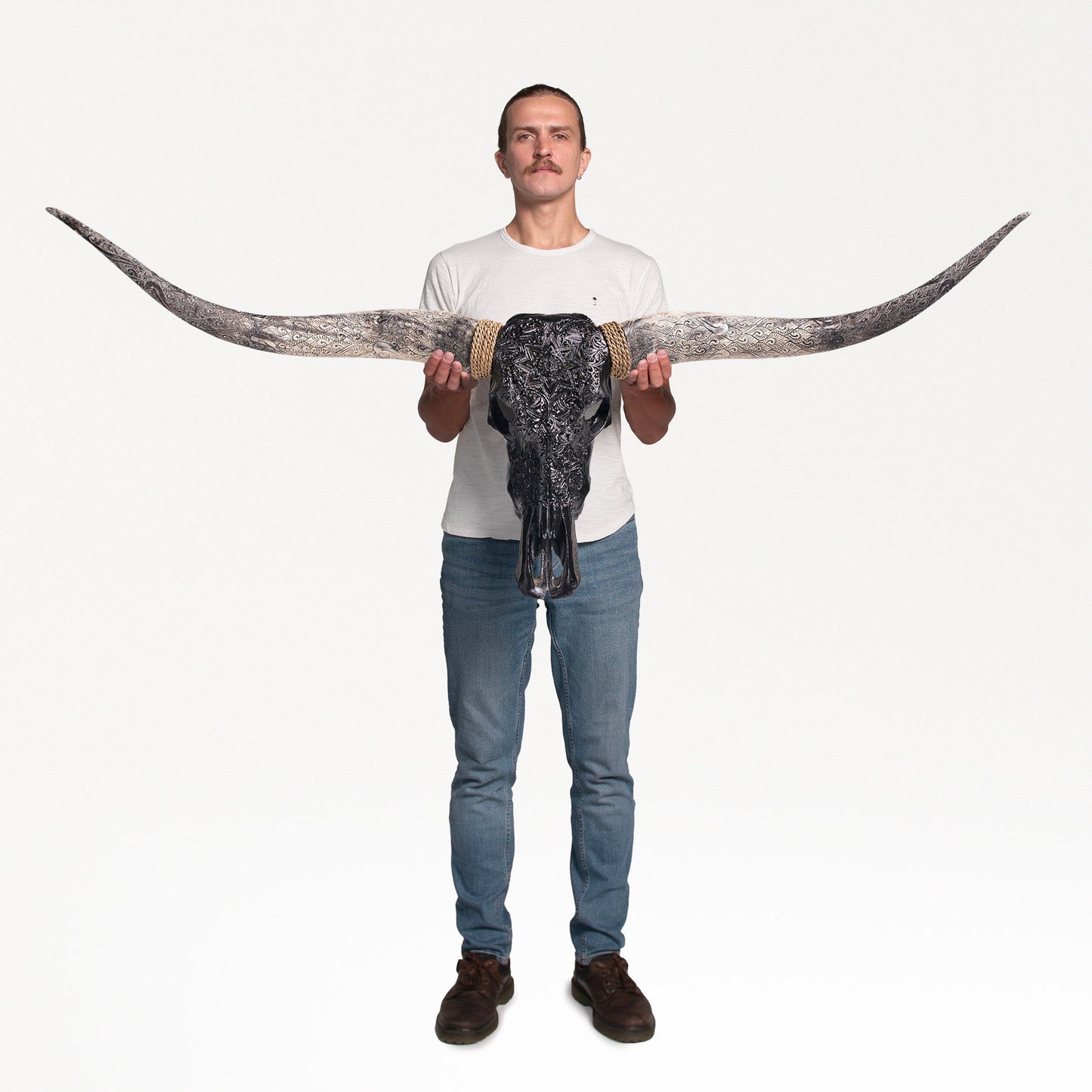 Hand Carved Longhorn Skull - Black Mandala