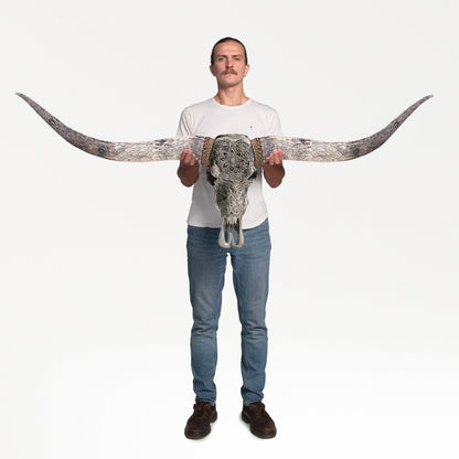 Hand Carved Longhorn Skull - Gray Mandala