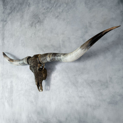 Hand Carved Longhorn Skull // XL Horns - Antique Bronze Mandala // Metallic Finish