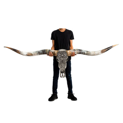 Hand Carved Longhorn Skull // XL Horns - Gray Mandala